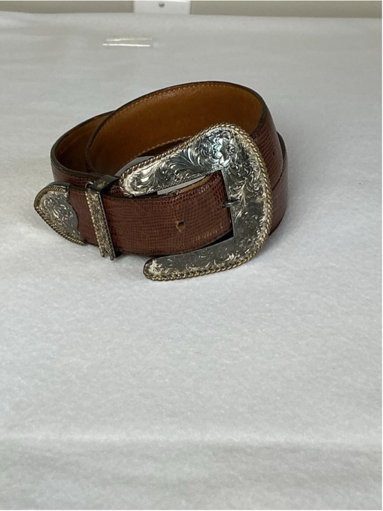 Al Beres USA Accessories - Vintage Al Beres USA Lizard Leather Belt Sz 30 Brown Western 3 Piece Tip Buckle
